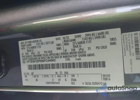 2022 Ford F150 from USA, damaged, VIN 1FTEW1EP0NFC04902